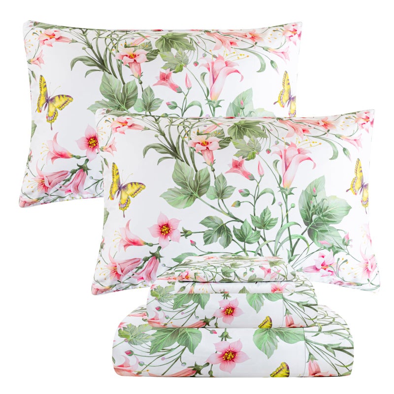 QSH 100% Egyptian Cotton Sheets Set King Size Butterfly Floral Bedding Sheets Spring Leaves Print Bed Sheets Deep Pockets Sheet 4PCs - Image 1
