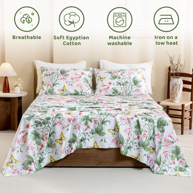 QSH 100% Egyptian Cotton Sheets Set King Size Butterfly Floral Bedding Sheets Spring Leaves Print Bed Sheets Deep Pockets Sheet 4PCs - Image 4