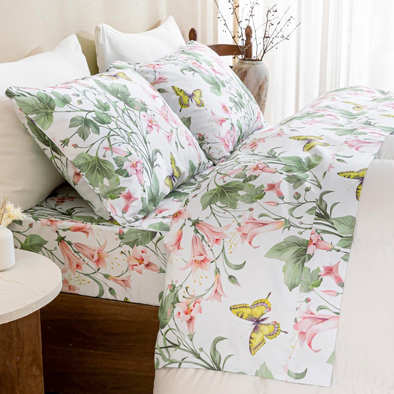 QSH 100% Egyptian Cotton Sheets Set King Size Butterfly Floral Bedding Sheets Spring Leaves Print Bed Sheets Deep Pockets Sheet 4PCs - Image 3