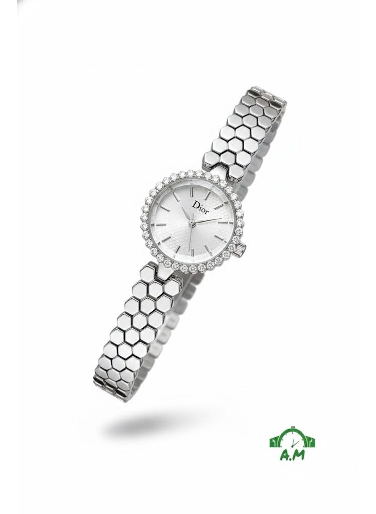 Dior Women’s Silver Stainless Steel Bracelet Watch with White Dial and Crystal Bezel