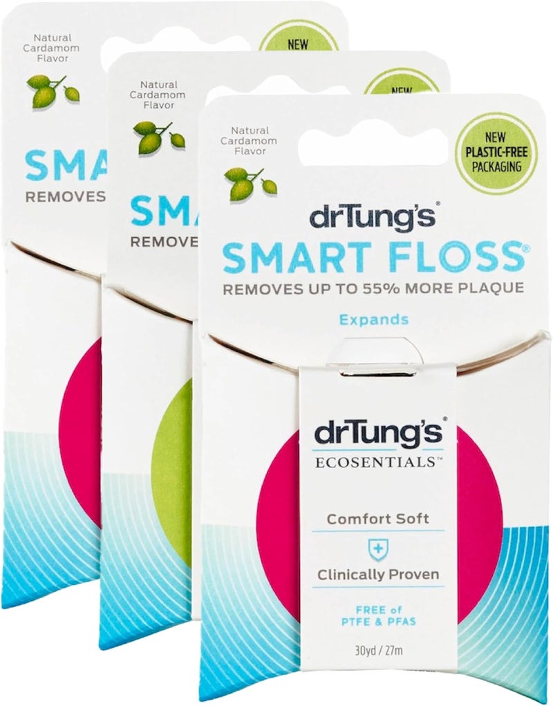 DrTung's Smart Floss - Natural Floss, PTFE & PFAS Free Floss, Gentle on Gums, Expands & Stretches, BPA Free Floss - Natural Dental Floss Cardamom Flavor (Pack of 3) - Image 1