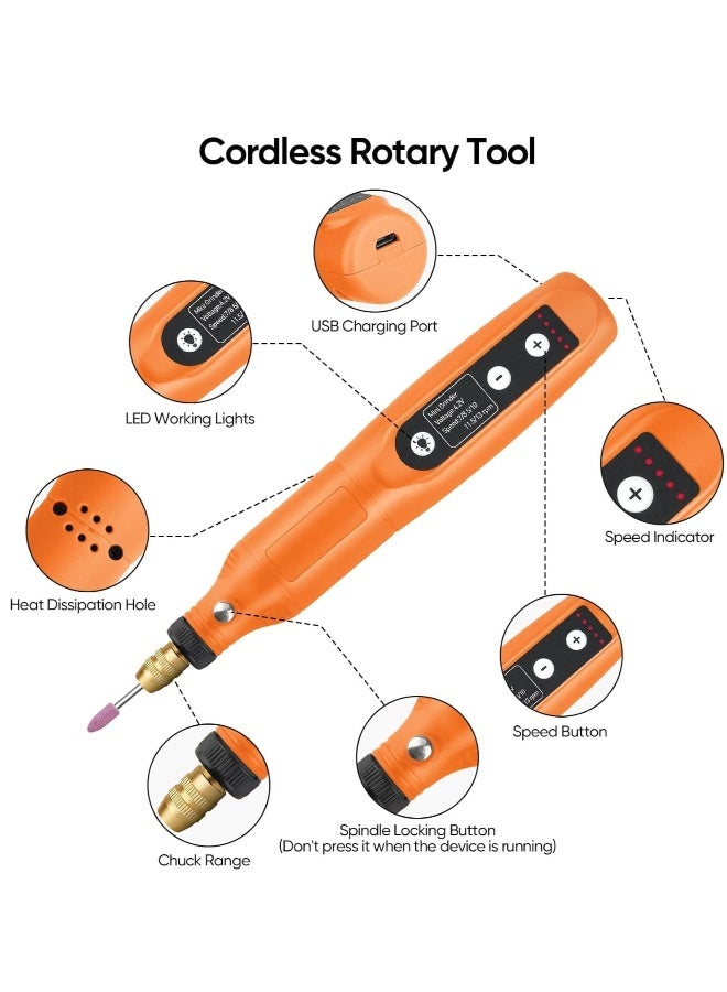 Rotary Tool Kit, Cordless 5-Speed Variable and USB Charging Cable Mini Power Rotary Tools, 3.7V with 45pcs Accessories for Cutting, Drilling, Sanding, Engraving, Polishing & DIY Crafts Orange - Image 2