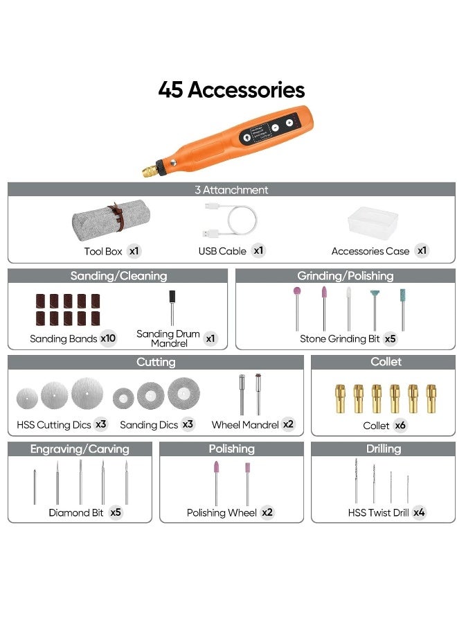 Rotary Tool Kit, Cordless 5-Speed Variable and USB Charging Cable Mini Power Rotary Tools, 3.7V with 45pcs Accessories for Cutting, Drilling, Sanding, Engraving, Polishing & DIY Crafts Orange - Image 5