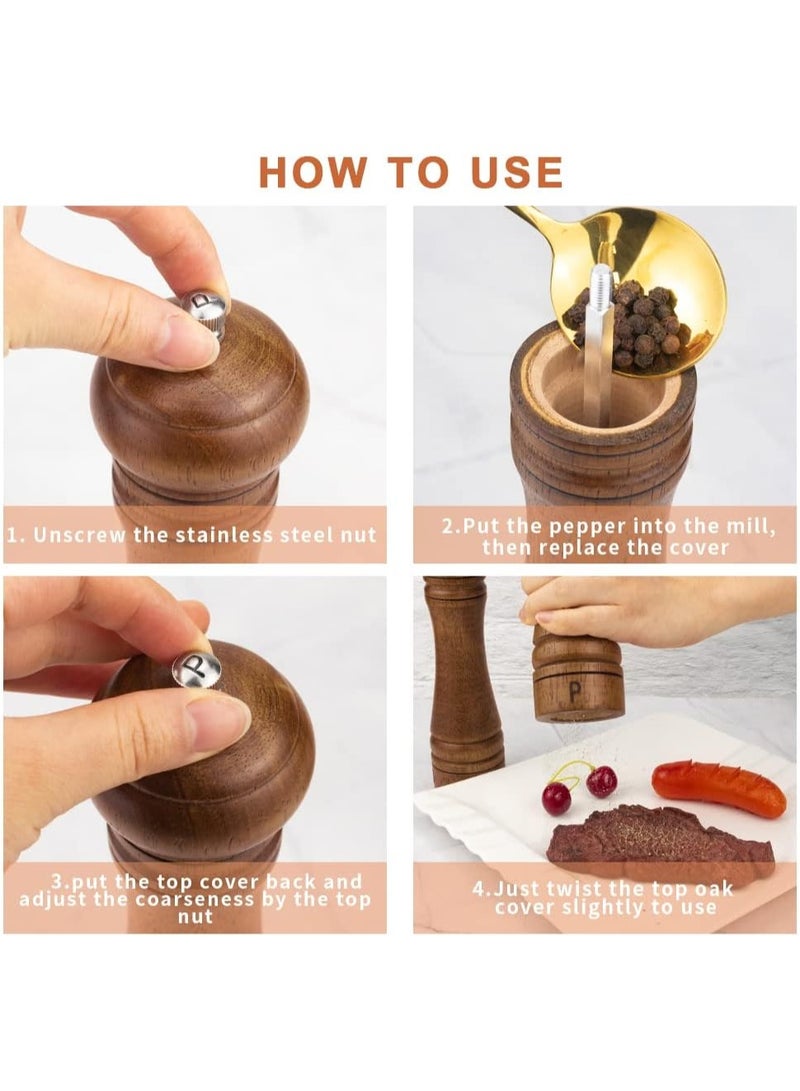 فولانري عبوتان من مطاحن الملح والفلفل المصنوعة من خشب البلوط مقاس 8 بوصات مع صينية، ومطاحن دوارة من السيراميك قابلة للتعديل، ومجموعة مطاحن توابل خشبية فاخرة - Image 5