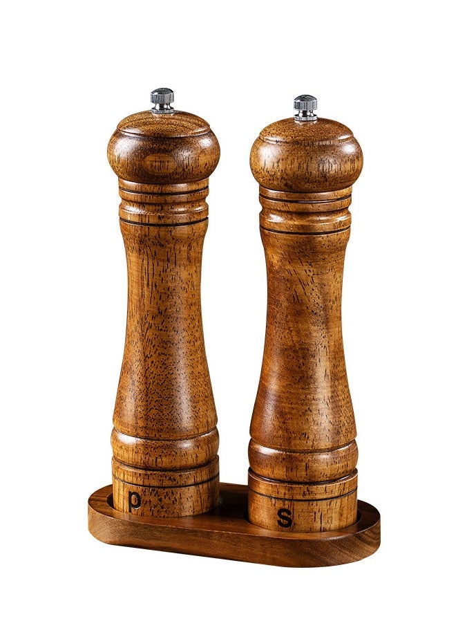 فولانري عبوتان من مطاحن الملح والفلفل المصنوعة من خشب البلوط مقاس 8 بوصات مع صينية، ومطاحن دوارة من السيراميك قابلة للتعديل، ومجموعة مطاحن توابل خشبية فاخرة - Image 1