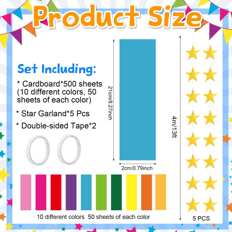 Maitys 500 Sheets Paper Chain Strips and Mirror Star Garland 13 Feet Paper Crafts Banner with Double Sided Tape for Crafting Birthday Wedding Festival Theme Party Decor(0.79 x 8.27 Inches,Multicolor) - Image 2