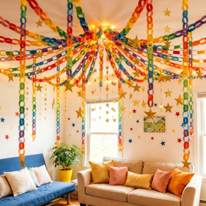 Maitys 500 Sheets Paper Chain Strips and Mirror Star Garland 13 Feet Paper Crafts Banner with Double Sided Tape for Crafting Birthday Wedding Festival Theme Party Decor(0.79 x 8.27 Inches,Multicolor) - Image 1