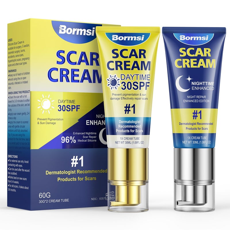 BORMSI Scar Cream,SPF 30 Suncreen & PM Silicone Intensive Overnight Scar Gel Reduces the Appearance of Scars from Surgical Scars,Stretch Marks,Keloid, 2 Tube,1.76 oz/Tube - Image 1