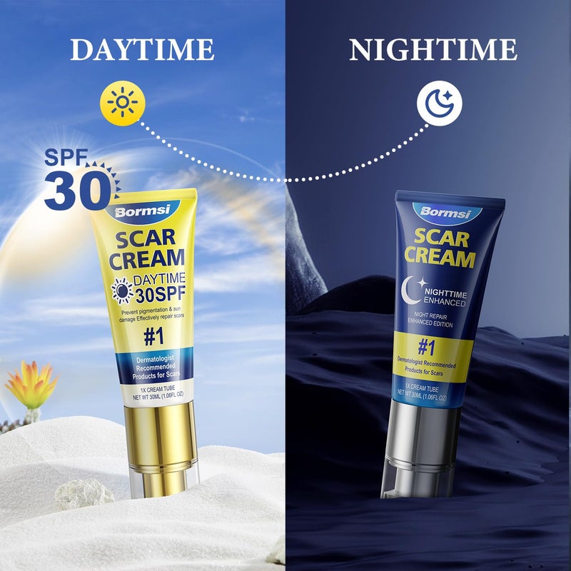 BORMSI Scar Cream,SPF 30 Suncreen & PM Silicone Intensive Overnight Scar Gel Reduces the Appearance of Scars from Surgical Scars,Stretch Marks,Keloid, 2 Tube,1.76 oz/Tube - Image 4