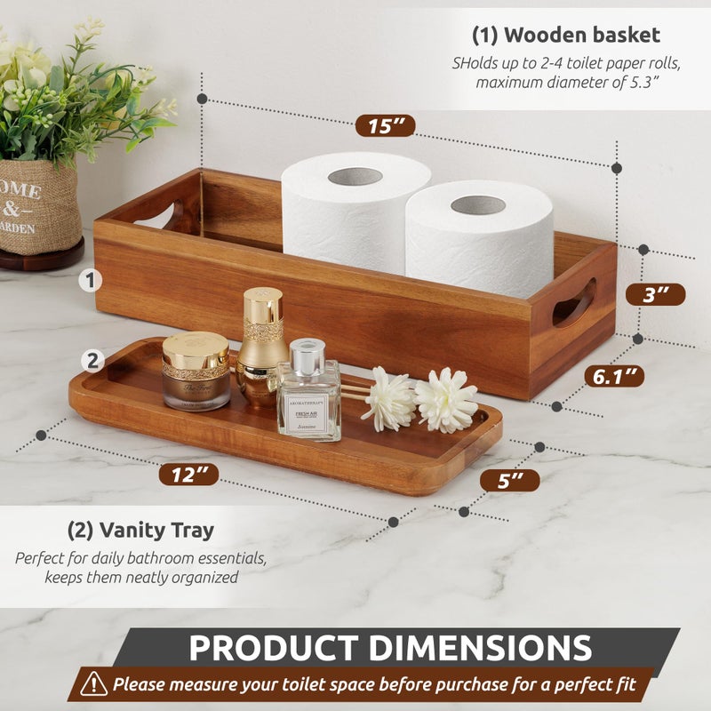 DEMIGO Handmade Toilet Tank Basket Topper & Vanity Tray Set of Natural Acacia Wood by DEMIGO, Created by Skilled Artisans, Smooth, Durable, Attractive Decor for Bathroom, Kitchen, Home, Spa - Image 2