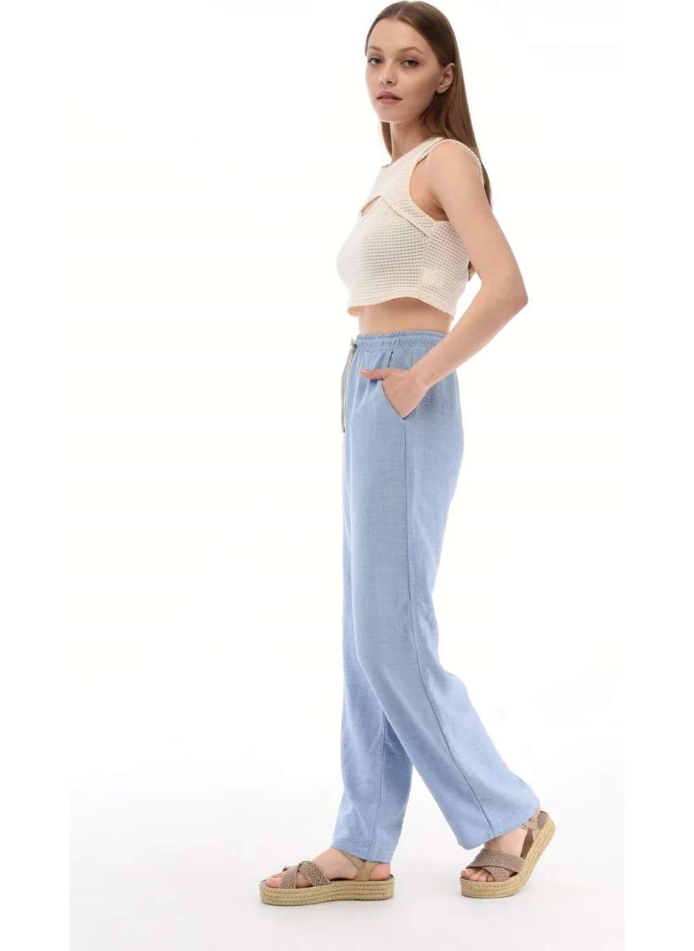 Cedy Denim Women's Synthetic Linen High Waist Elastic Loose Leg Trousers C610