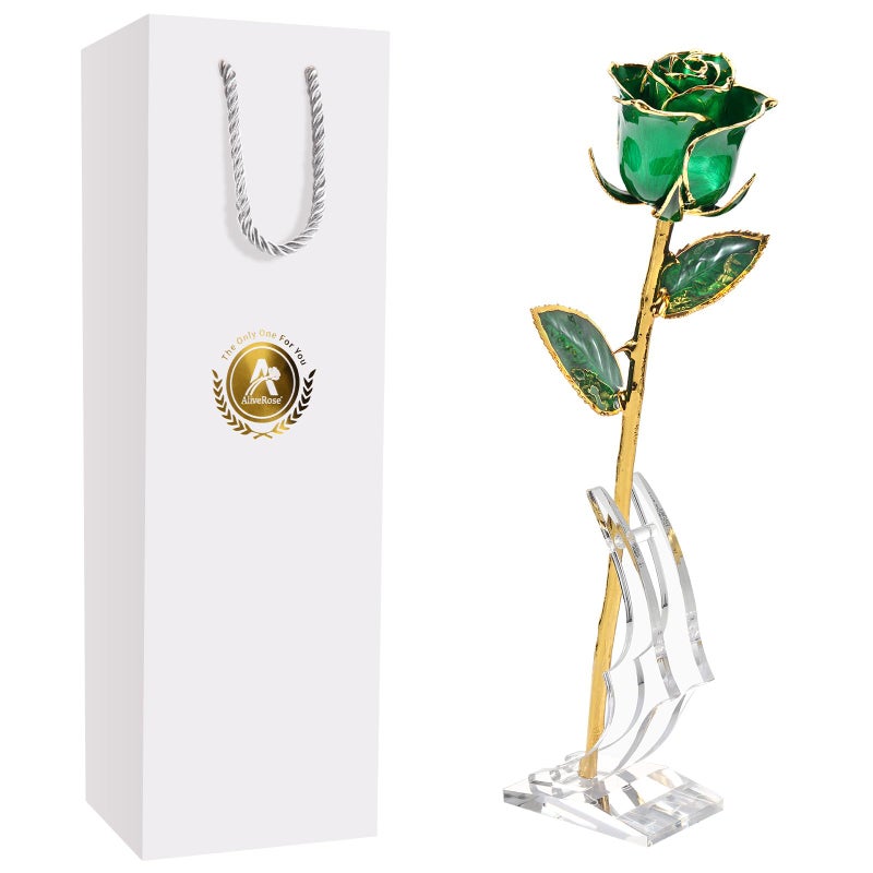 AliveRose Gold Dipped Rose 24K Gold Rose Made from Real Rose Unique Design Gold Plated Rose for Anniversary Valentines Mothers Day Birthday Gifts Green Original with Stand