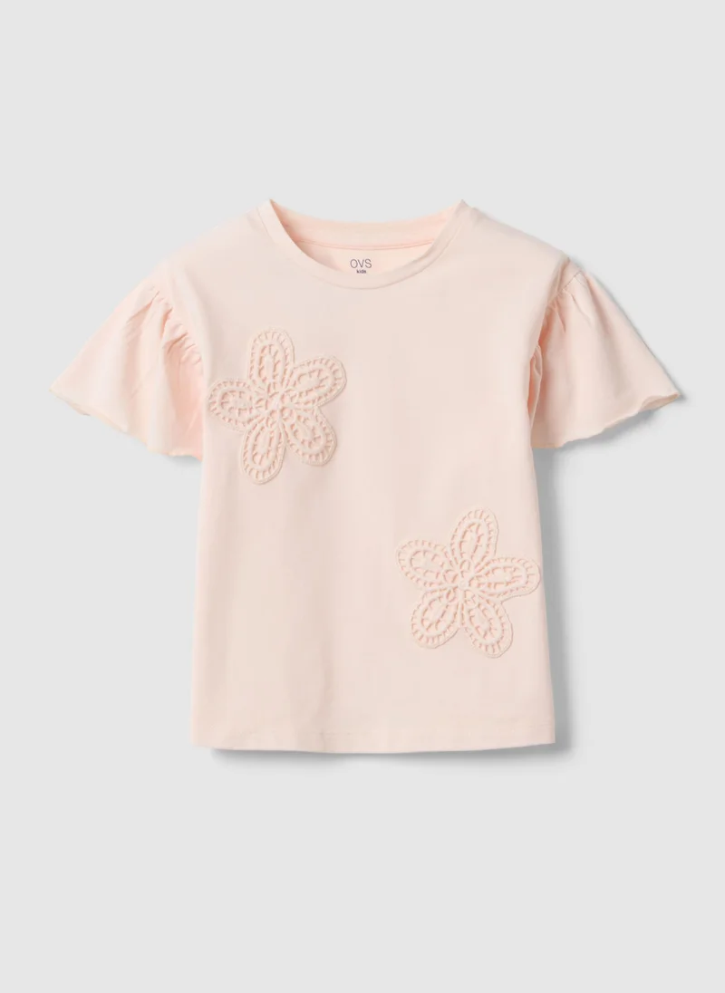 او في اس OVS Girls' Pink Stretch Cotton T-Shirt With Floral Embroidery