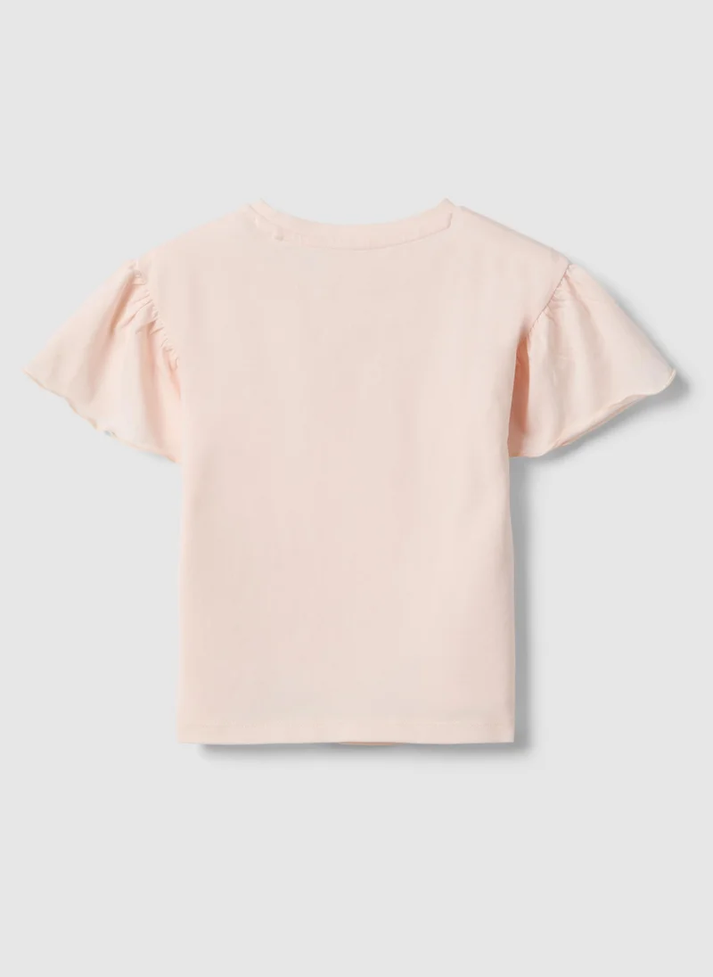 او في اس OVS Girls' Pink Stretch Cotton T-Shirt With Floral Embroidery