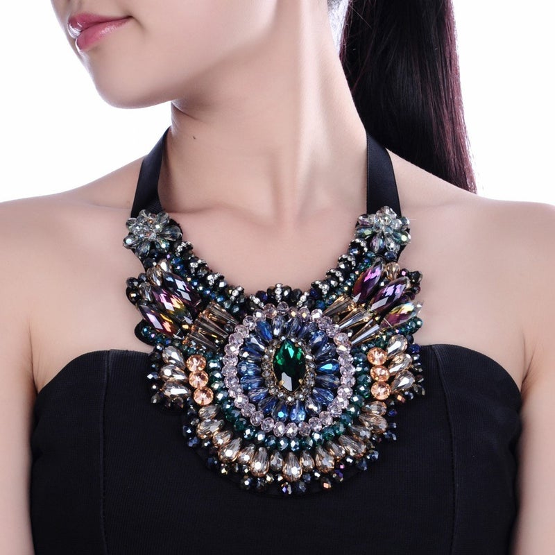 Jerollin Vintage Rhinestone Large Chunky Bib Bohemian Glass Pendant Necklace - Image 2