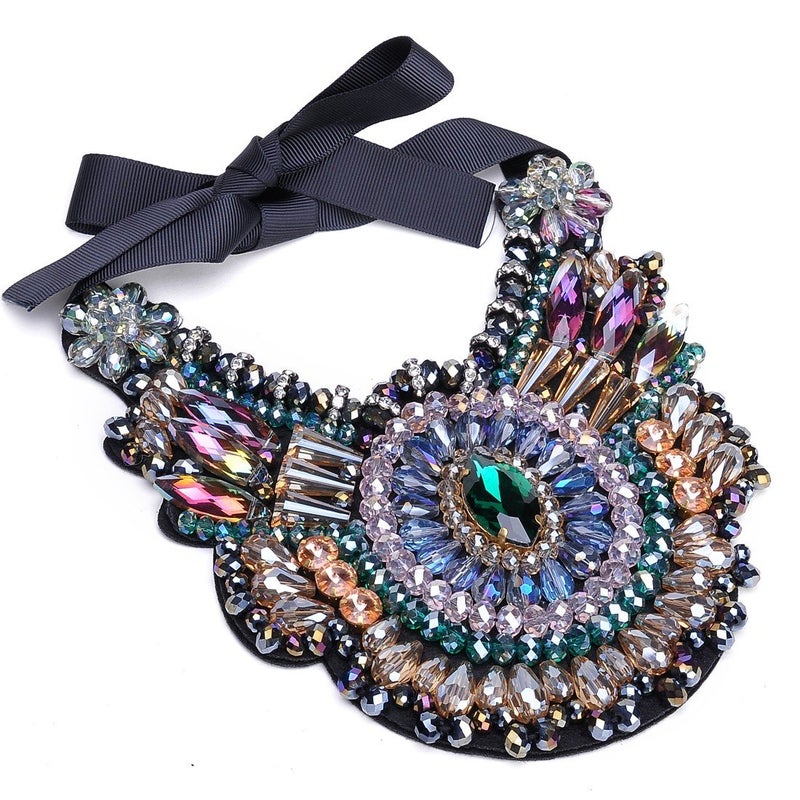 Jerollin Vintage Rhinestone Large Chunky Bib Bohemian Glass Pendant Necklace - Image 1