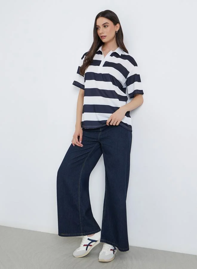 Take Two Take Two Striped Short Sleeve Polo Blouse