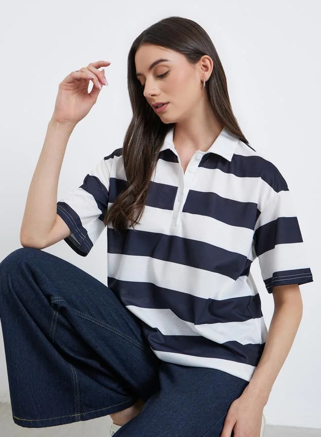 Take Two Take Two Striped Short Sleeve Polo Blouse