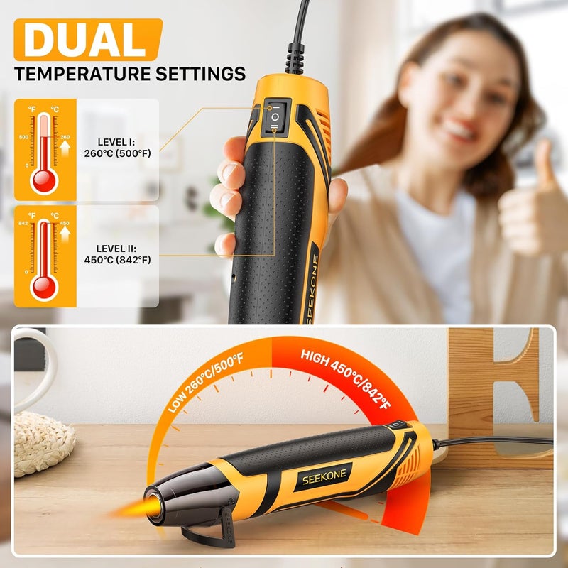 SEEKONE Mini Heat Gun, 350W 2-Temp Settings 500℉ & 842℉（260℃& 450℃） Fast Heat Hot Air Gun Tool with Reflector Nozzle and 4.9Ft Long Cable Overload Protection for Crafting, Vinyl Wrap and Shrink Tubing - Image 2