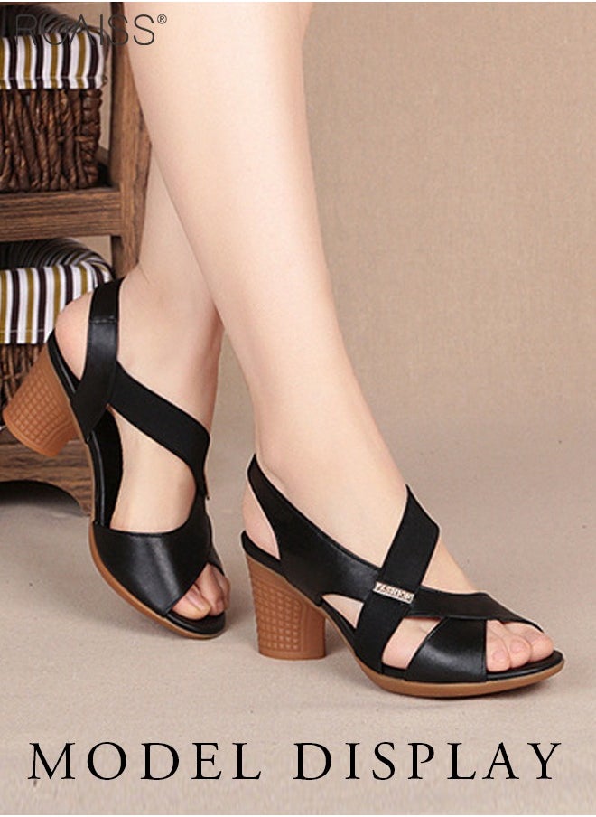 roaiss Fashionable And Versatile Open Toe High Heel Sandals For Women'S Daily Commuting Thick Heel Elastic Band Summer Fish Mouth Sandals  - Image 1