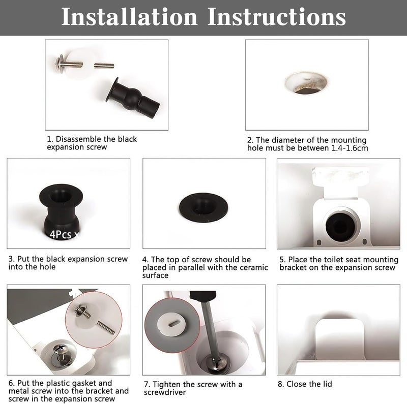 SelfTek 4 Pack Toilet Seat Bolts, Hinge Bolt Screws Toilet Seat Fixings Fix Expanding Rubber Top Nuts Screws Mount Seat Hardware Replacement Parts Kit (for 14-16mm hole toilet seats) - Image 5
