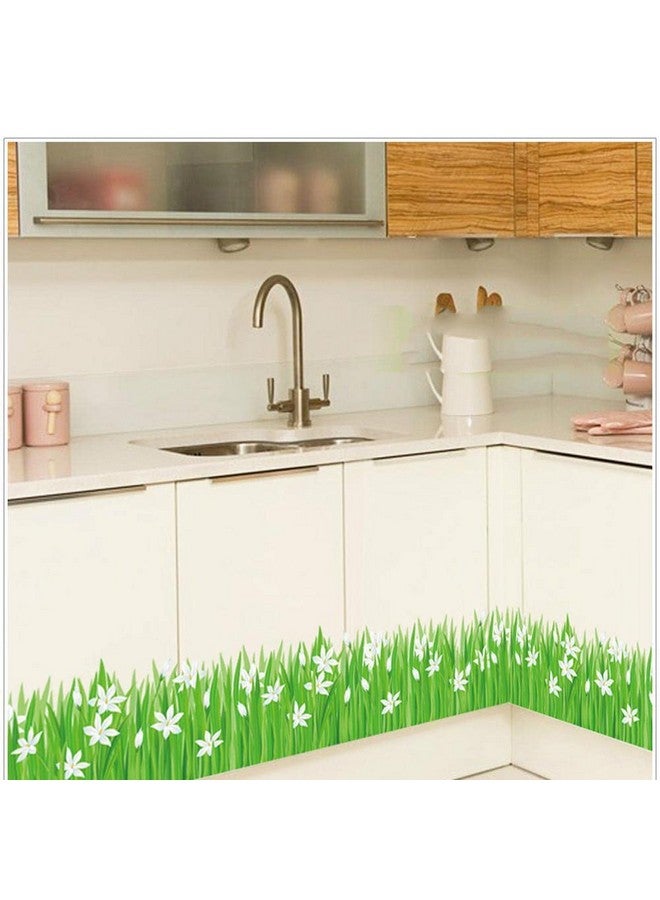 BIBITIME Green Grass White Flower Wall Border Decal Vinyl Sticker Peel and Stick Home Art PVC Murals for Living Room Kitchen Bathroom Window Door Nursery Bedroom Room Decor - Image 1