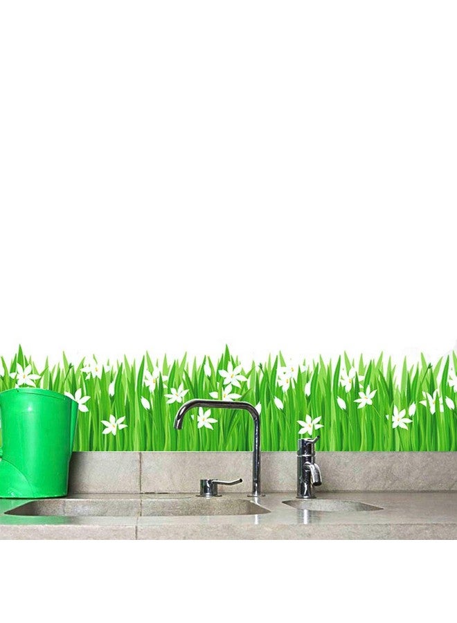 BIBITIME Green Grass White Flower Wall Border Decal Vinyl Sticker Peel and Stick Home Art PVC Murals for Living Room Kitchen Bathroom Window Door Nursery Bedroom Room Decor - Image 2