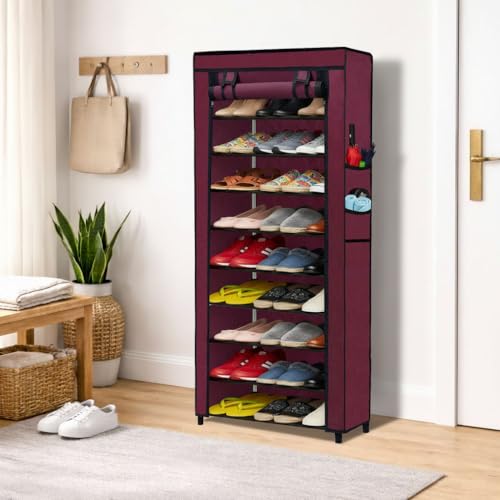 SANAMSTORE Multipurpose 9 Layer Metal Pipe with Non-Woven 100GSM Fabric Cover Shoe/Cloth/Toy/Books Rack-Maroon - Image 1