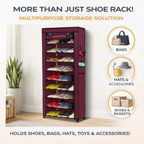 SANAMSTORE Multipurpose 9 Layer Metal Pipe with Non-Woven 100GSM Fabric Cover Shoe/Cloth/Toy/Books Rack-Maroon - Image 2