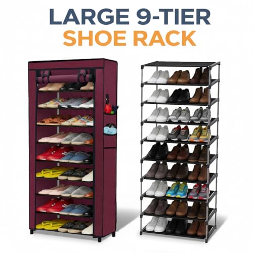 SANAMSTORE Multipurpose 9 Layer Metal Pipe with Non-Woven 100GSM Fabric Cover Shoe/Cloth/Toy/Books Rack-Maroon - Image 4