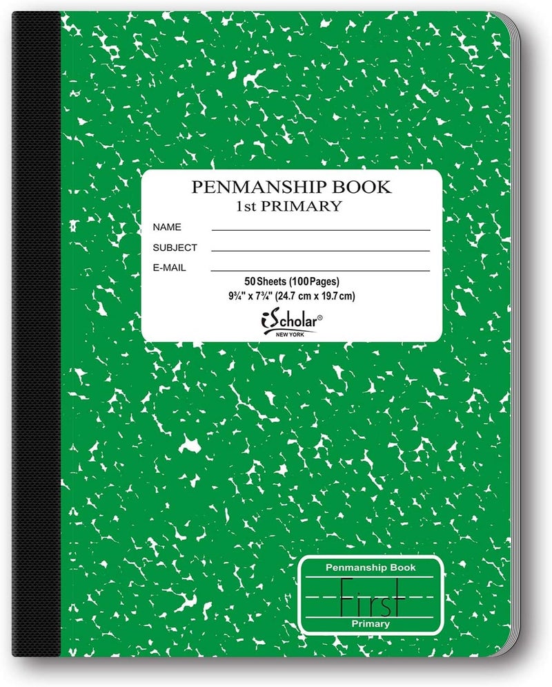 iScholar Grade 1 Primary Composition Notebook, 7.75 x 9.75 Inches, 50 Sheets, Skip Line Ruling, Green Marble (10018) - Image 1