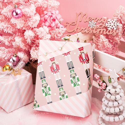 LeZakaa Christmas Pink Wrapping Paper Jumbo Roll for Kids Pink Metallic Foil Gift Wrap Paper with Red Green Nutcracker Soldier Stripe Reversible Design 30 in x 100 ft250 sqft - Image 3