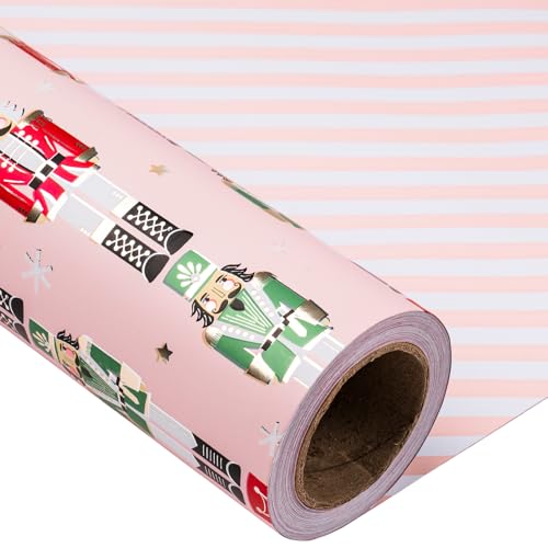 LeZakaa Christmas Pink Wrapping Paper Jumbo Roll for Kids Pink Metallic Foil Gift Wrap Paper with Red Green Nutcracker Soldier Stripe Reversible Design 30 in x 100 ft250 sqft - Image 1