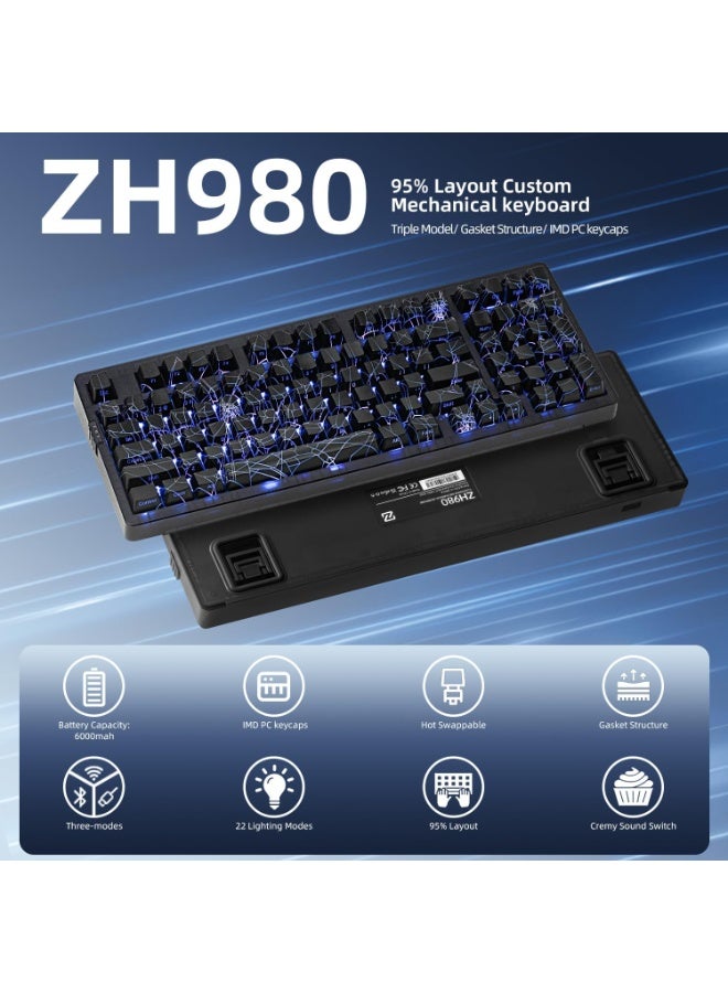 ZORNHER ZH980 Wireless Mechanical Keyboard,95% Creamy Keyboard with Number Pad,Hot-Swappable Custom Gaming Keyboard,Shine Through Spider Web PC,Creamy Sounding Linear Switches,Full Size - Image 2