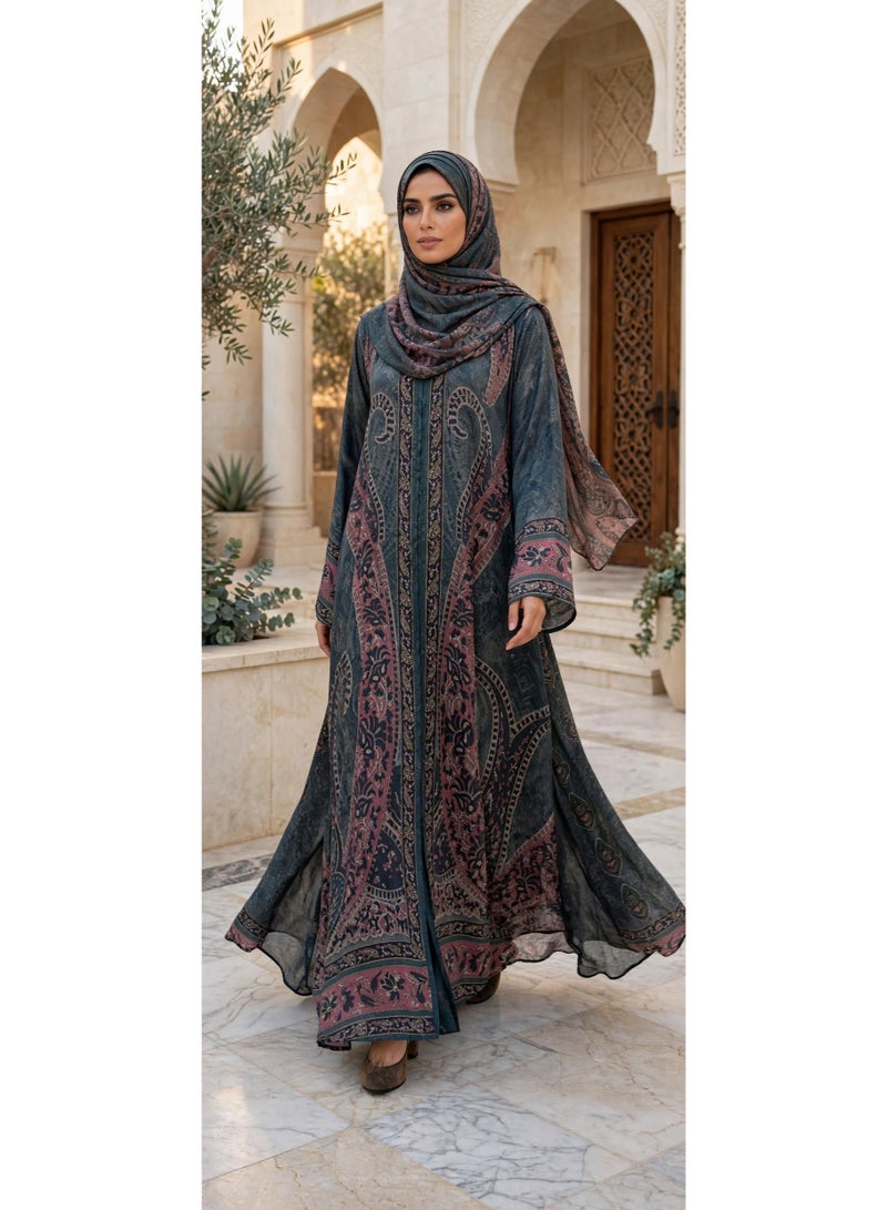 اكسا عباية مفتوحة بنقوش البيزلي الكبيرة وقَصّة انسيابية واسعة - Image 4