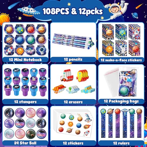 BenLouis 108Pcs Outer Space Themed Party Favors Space Alien Sticker Stampers School Stationery Set Bulk Classroom Prizes for Astronaut Planet Birthday Party Goodie Bags Fillers - Image 2
