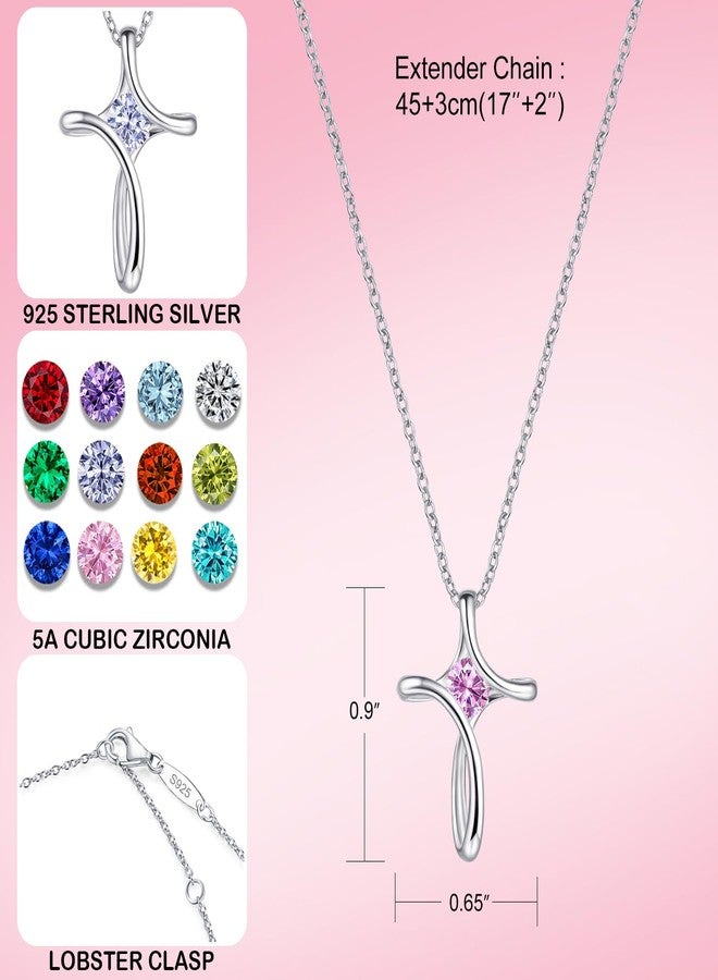 NINAMAID Cross Necklace for Women 925 Sterling Silver Birthstone Necklaces for Women Diamond Sideways Birthstone Jewelry Birthday Gifts for Mom - Image 4