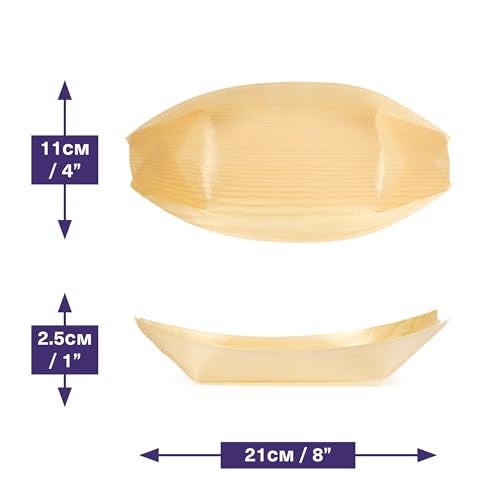 MATANA 8.3" Inch Large Bamboo Plates Disposable 100 Pack - Biodegradable Sushi Boat Serving Tray, Wood Paper Plates for Appetizer, Taco, Snacks, Disposable Bamboo Bowls & Vessel for Parties - Image 2