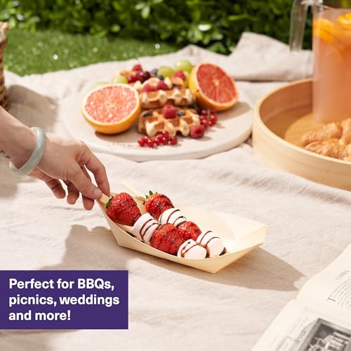 MATANA 8.3" Inch Large Bamboo Plates Disposable 100 Pack - Biodegradable Sushi Boat Serving Tray, Wood Paper Plates for Appetizer, Taco, Snacks, Disposable Bamboo Bowls & Vessel for Parties - Image 3