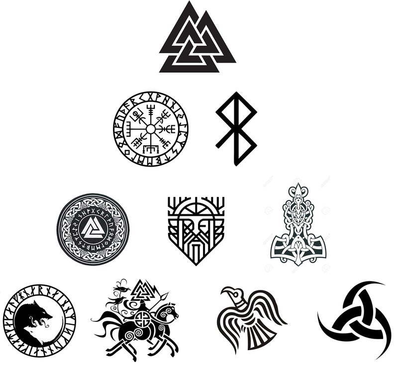 10 pcs Viking Stickers Set, 4 inches - Waterproof, Vinyl Stickers Norse, Walknut, Vegvisir Compass, Odin, Rune, Raven, Thor Hammer