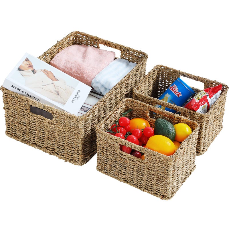 HOONEX Large Wicker Baskets for Storage Seagrass Baskets with Dual Handles Woven Baskets for Storage Set of 3 Natural