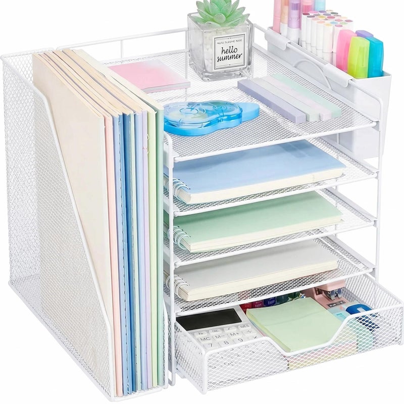 Gugsey Desk Organizers and Accessories 5Tier Paper Letter Tray Organizer with File Holder Drawer Pen Holder Office Desk Accessories Desktop Organizer for Classroom Office Supplies White - Image 2
