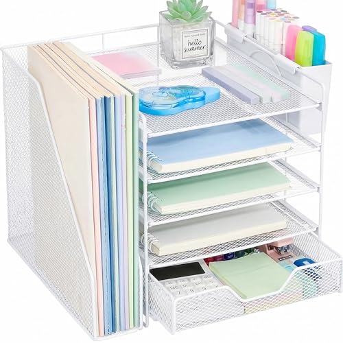 Gugsey Desk Organizers and Accessories 5Tier Paper Letter Tray Organizer with File Holder Drawer Pen Holder Office Desk Accessories Desktop Organizer for Classroom Office Supplies White - Image 1