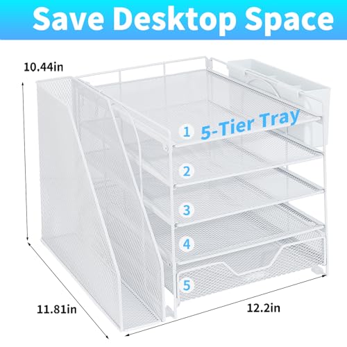 Gugsey Desk Organizers and Accessories 5Tier Paper Letter Tray Organizer with File Holder Drawer Pen Holder Office Desk Accessories Desktop Organizer for Classroom Office Supplies White - Image 3