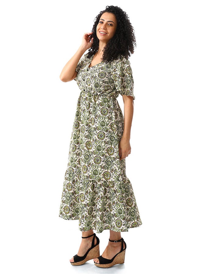 Andora V-Neck Green Light Brown & White Casual Dress_Green Light Brown & White  - Image 3