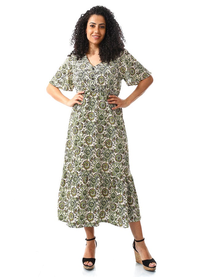 Andora V-Neck Green Light Brown & White Casual Dress_Green Light Brown & White  - Image 1