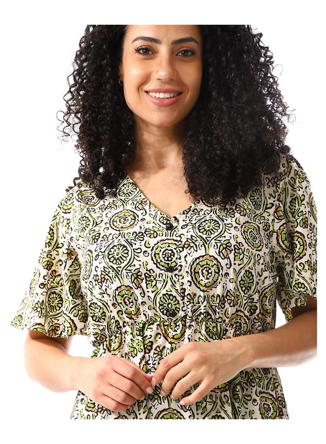 Andora V-Neck Green Light Brown & White Casual Dress_Green Light Brown & White  - Image 2