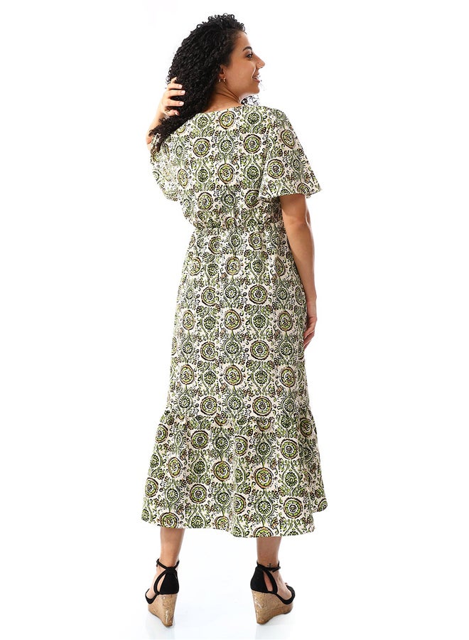 Andora V-Neck Green Light Brown & White Casual Dress_Green Light Brown & White  - Image 5