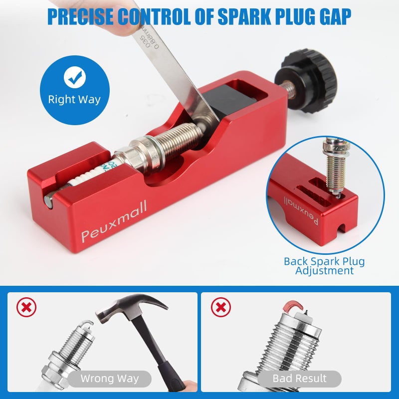 Peuxmall Spark Plug Gap Tool, Spark Plug Gapping Tool with 32 Blade Steel Feeler Gauge, Universal Spark Plug Gap Tool for Most 10mm 12mm 14mm 16mm Spark Plugs (Red) - Image 2