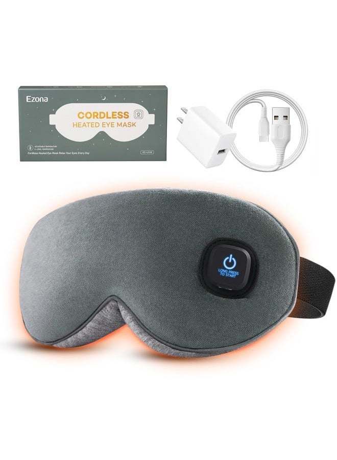 Ezona Cotton Cordless Heated Eye Mask, 2000mAh Warm Eye Compress Mask for Dry Eyes, Washable Eye Heating Pad for Travel, MGD,Blepharitis, Sinus Migraine with 10W Charger（Gray） - Image 1